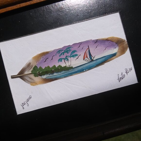 Vintage framed under glass painted feather artist sign from Costa Rica sail boat - Picture 2 of 15